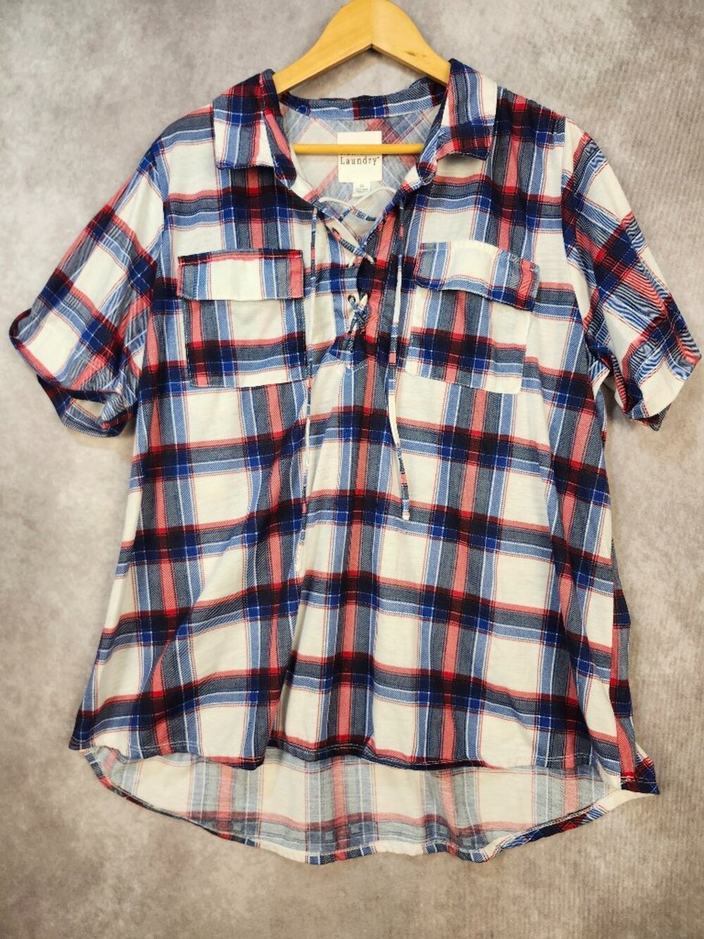 New York Laundry Red White Blue Plaid Short Sleeved Collared Lace Neck 2X